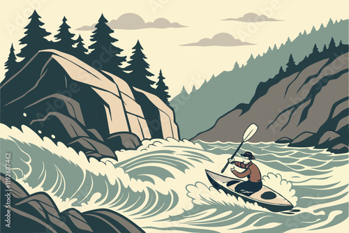 kayaking canoeing rafting in the river scene landscipe vector illustration. A vibrant illustration depicting a person kayaking through turbulent waves in a mountain river.
