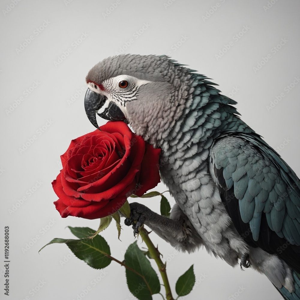 Fototapeta premium A parrot resting its head gently on a red rose, creating a calm and tender moment against a seamless white backdrop.