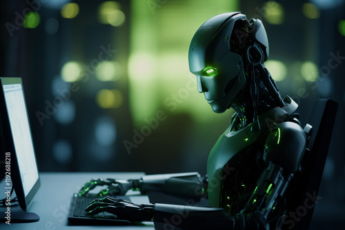 A humanoid robot silhouette sitting at a glowing workstation, soft green bokeh background