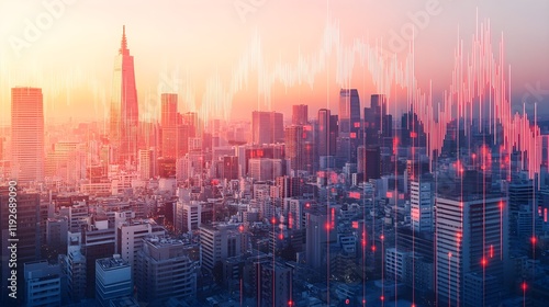 A cityscape with digital overlays of economic indicators, including fluctuating stock market graphs and inflation rates, highlighting the broader financial impact on urban areas. 