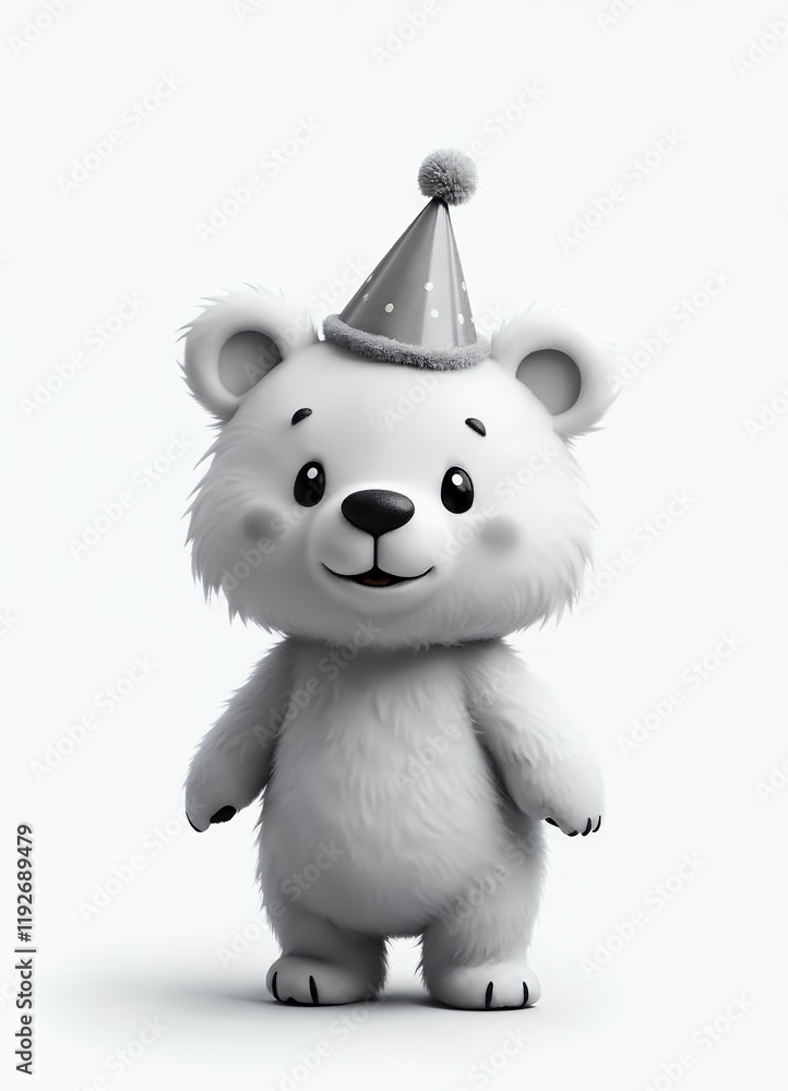Adorable Cartoon Bear Celebrating with a Party Hat and Cheerful Smile in a Playful Setting Adorable Cartoon Bear Celebrating with a Party Hat and Cheerful Smile in a Playful Setting