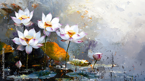 Fototapeta Naklejka Na Ścianę i Meble -  A painting of a pond with five white flowers in it. generated using AI
