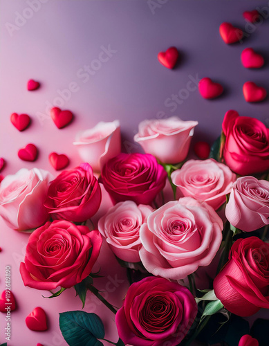 red and pink roses, heart, Valentine, copyspace, Generated image