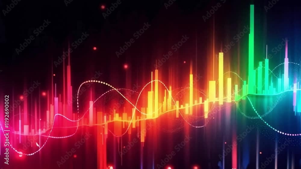 a vibrant financial graph with glowing neon bar charts and wave-like patterns. the design transitions through a spectrum of colors red, orange, yellow, green, blue, purple against a black background s a vibrant financial graph with glowing neon bar charts and wave-like patterns. the design transitions through a spectrum of colors red, orange, yellow, green, blue, purple against a black background s