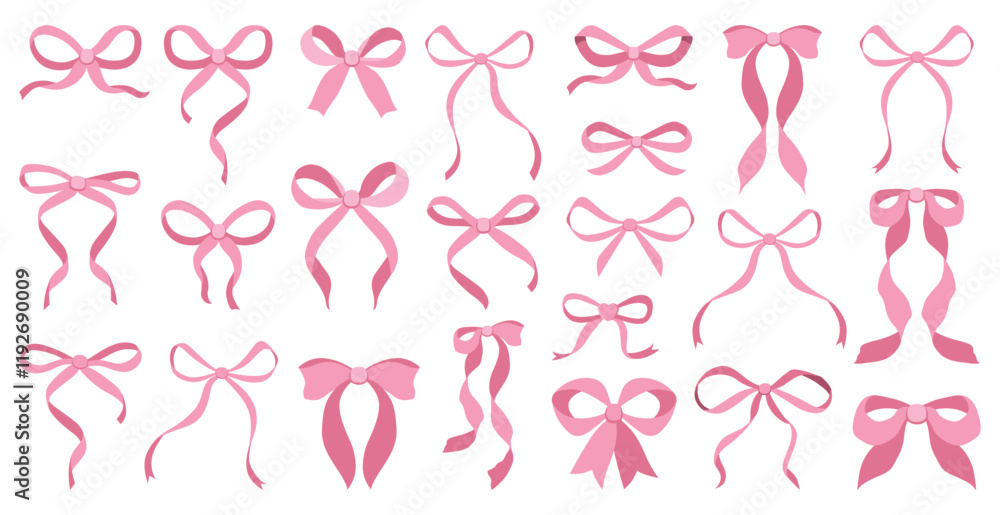 Simple hand drawn pink ribbon bow collection. Bowknot for decoration, big set of bowtie. Large retro ribbon illustration set. Set of various cartoon bow knots, gift ribbons. Valentines day, love sign Simple hand drawn pink ribbon bow collection. Bowknot for decoration, big set of bowtie. Large retro ribbon illustration set. Set of various cartoon bow knots, gift ribbons. Valentines day, love sign