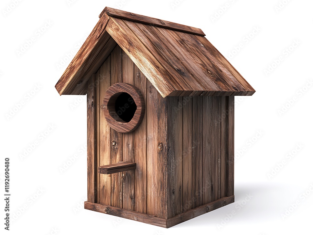 Photorealistic studio image of a wooden birdhouse, isolated on white, showcasing detailed wood grain and high-resolution clarity. Photorealistic studio image of a wooden birdhouse, isolated on white, showcasing detailed wood grain and high-resolution clarity.