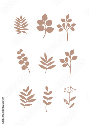 Print Flowers drawn by hand line, logo for design, on white background, Mocha Mousse colors - Pantone colors of 2025
