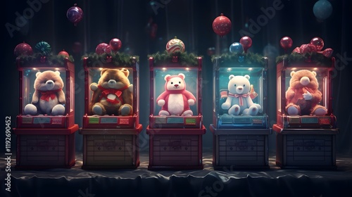 A row of claw machines showcasing an array of seasonal or holiday themed prizes creating a festive and inviting display for entertainment and shopping experiences photo