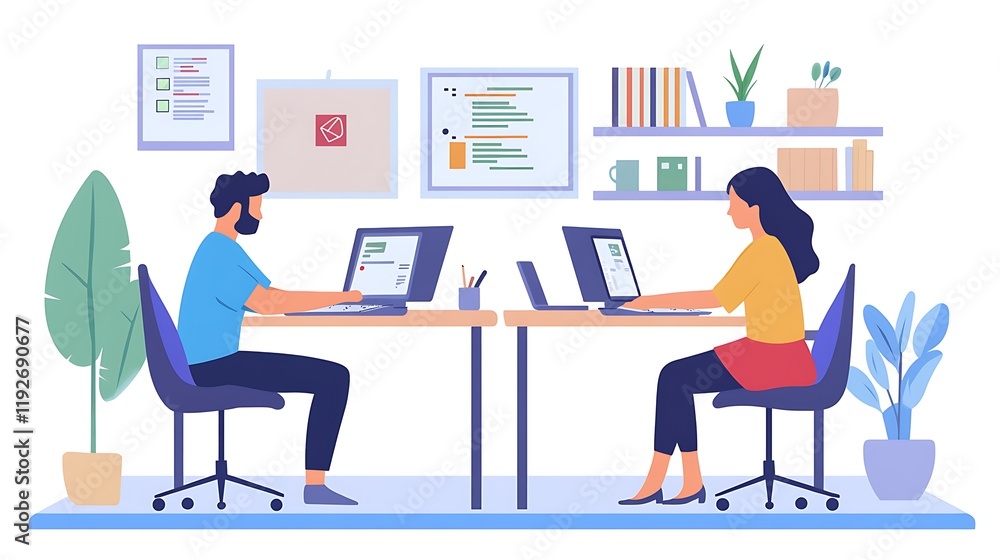 Two colleagues collaborate on laptops in a modern office. Two colleagues collaborate on laptops in a modern office.