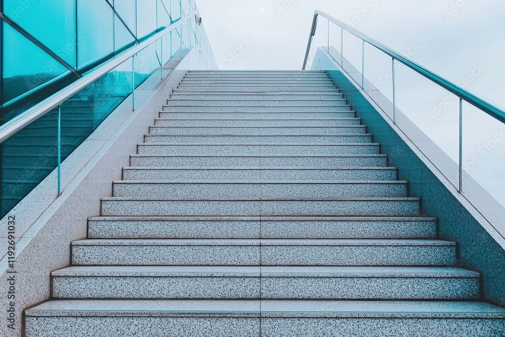 Contemporary staircase with glass railings leading to the sky, surrounded by blue tones. Contemporary staircase with glass railings leading to the sky, surrounded by blue tones.
