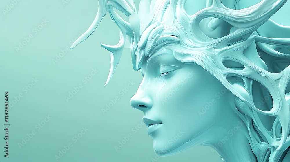 Serene Aqua Woman With Intricate Antler Headpiece Serene Aqua Woman With Intricate Antler Headpiece