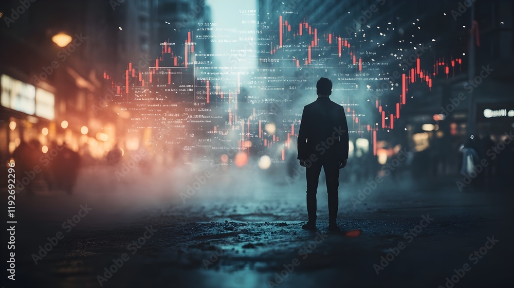 A dramatic image showing investment charts disintegrating into fine dust, floating through the air. In the background, a solitary trader stands motionless, watching the charts dissolve with A dramatic image showing investment charts disintegrating into fine dust, floating through the air. In the background, a solitary trader stands motionless, watching the charts dissolve with