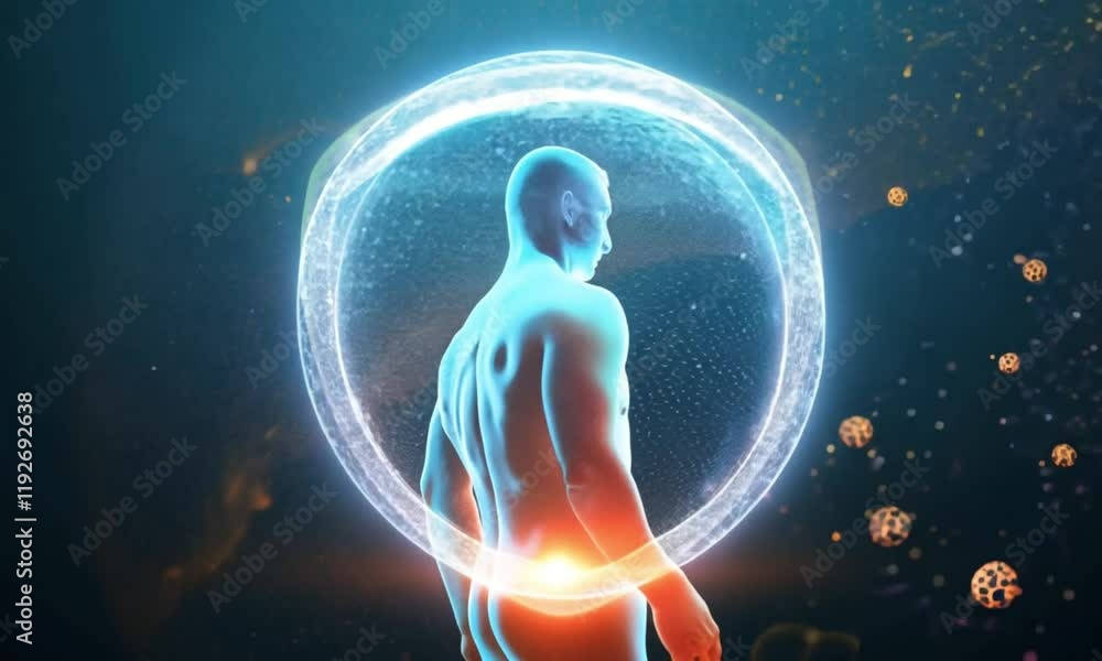 3D Animation of a Human Body Enclosed in a Glowing Protective Shield Defending Against Bacteria and Viruses 3D Animation of a Human Body Enclosed in a Glowing Protective Shield Defending Against Bacteria and Viruses