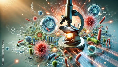 A conceptual illustration of a groundbreaking discovery under a microscope in the field of medicine. photo