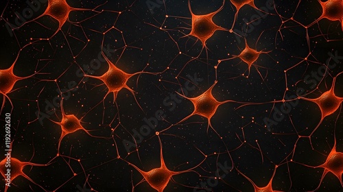 The image shows a network of glowing orange neurons interconnected against a dark background speckled with small, bright points. photo