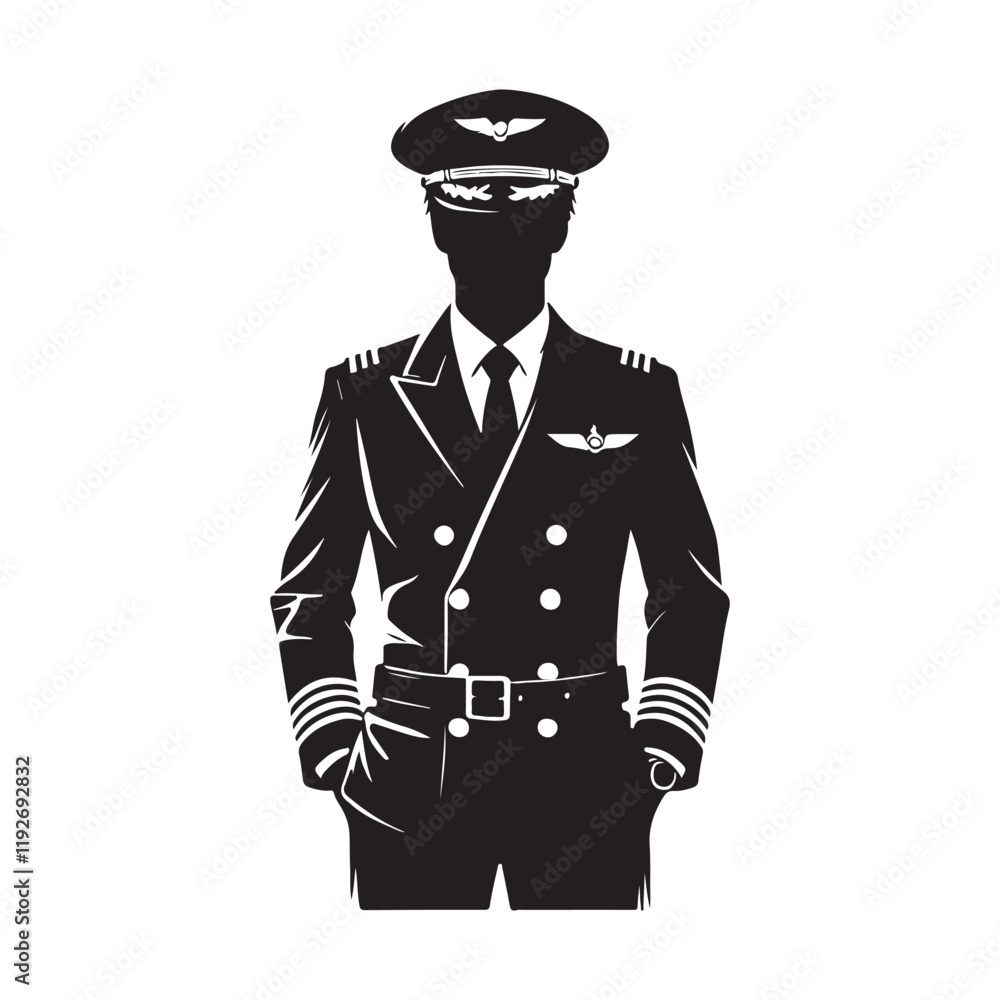Pilot Silhouette Vector Illustration, Solid White Background. Pilot Silhouette Vector Illustration, Solid White Background.