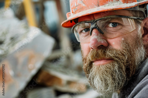 Generative AI Image of a Stonemason Working with Stone, Shaping and Carving Stone Surface photo