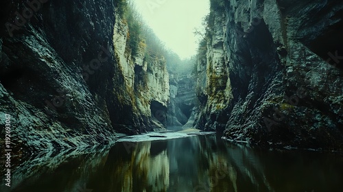 A dynamic view of a canyon carved by a flowing river, showcasing the enduring power of water erosion. The image captures the contrast between the rugged cliffs and the gentle, reflective surface 