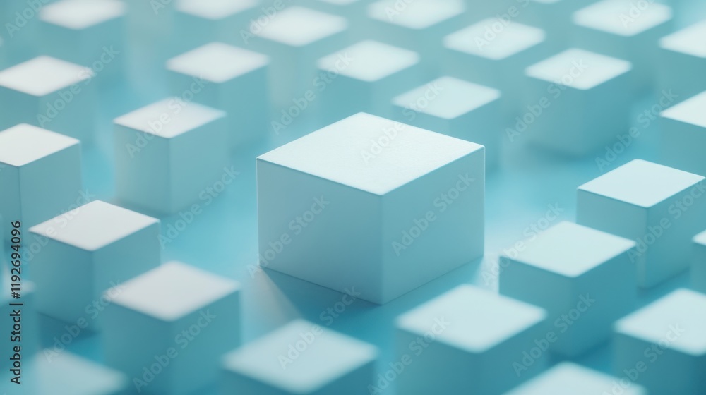 Abstract background of many light blue cubes, one in focus. Abstract background of many light blue cubes, one in focus.