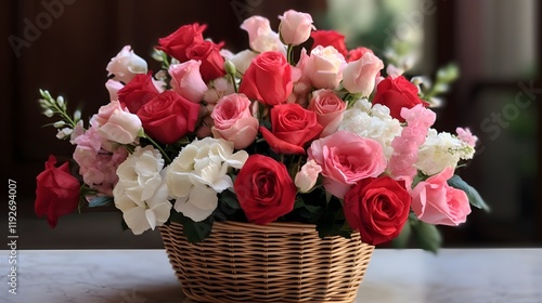 Exquisite Basket Filled with a Lush Assortment of Valentine s Day Flowers in Rich Red Delicate White and Soft Pink Tones   A Romantic and Elegant Floral Arrangement photo