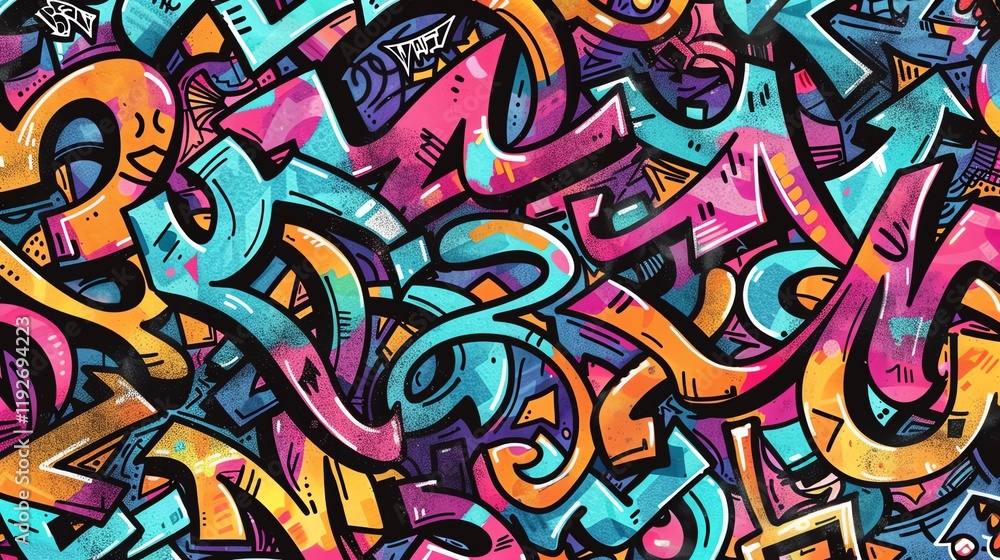 An abstract, colorful graffiti pattern with bold lines and shapes in shades of blue, yellow, pink, and orange. An abstract, colorful graffiti pattern with bold lines and shapes in shades of blue, yellow, pink, and orange.