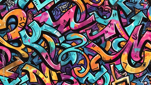 Wallpaper Mural An abstract, colorful graffiti pattern with bold lines and shapes in shades of blue, yellow, pink, and orange. Torontodigital.ca