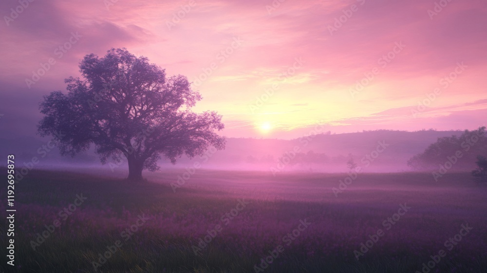 Solitary Tree in Purple Mist Sunrise Landscape