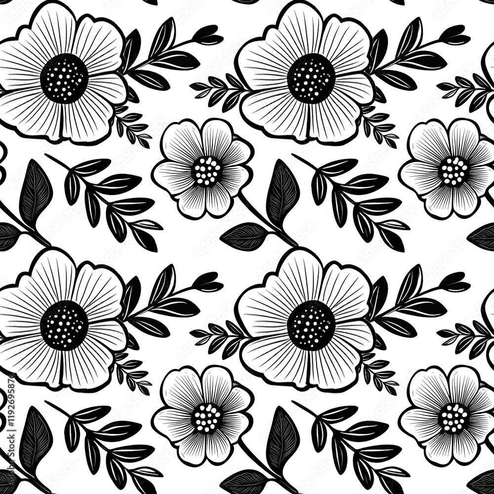 Fototapeta premium Seamless pattern with black and white flat style flowers and hearts on a crisp white background