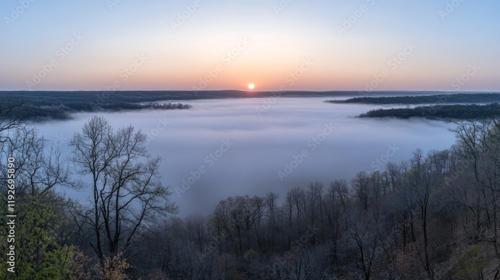 Obraz premium Sunrise over foggy river valley.