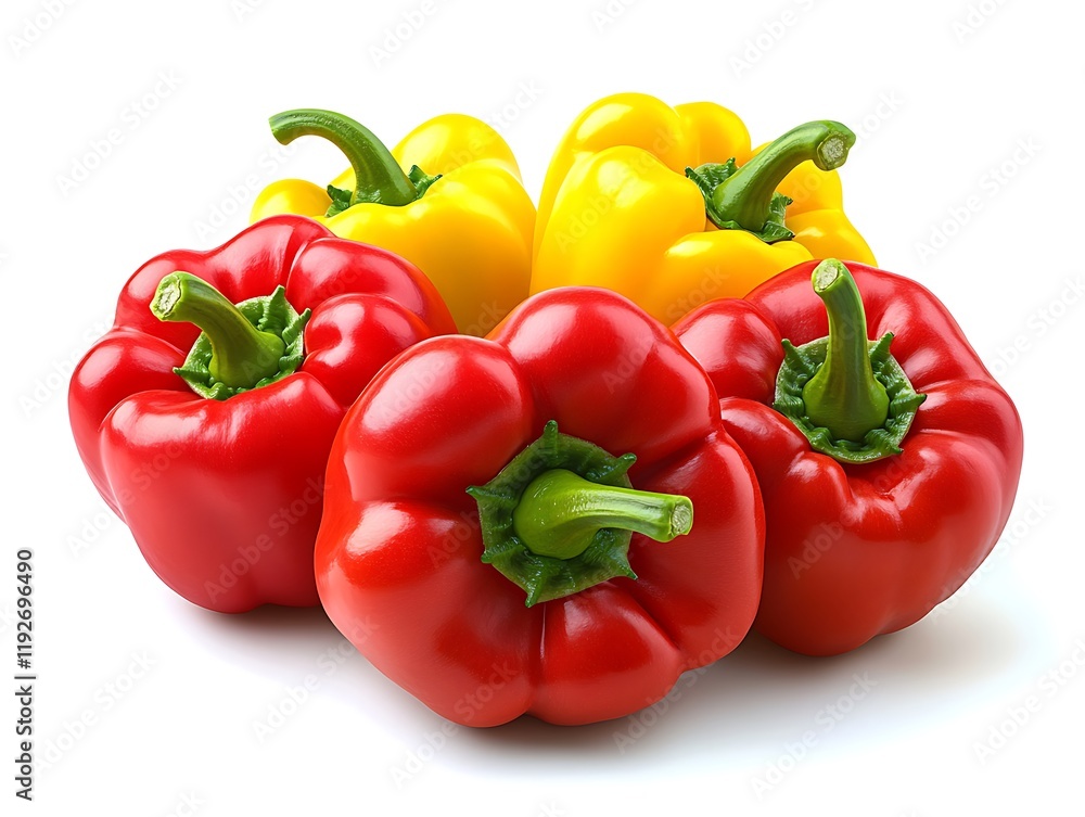 Photorealistic studio shot of bell peppers, isolated on a bright white background, featuring vivid colors and high-definition clarity. Photorealistic studio shot of bell peppers, isolated on a bright white background, featuring vivid colors and high-definition clarity.