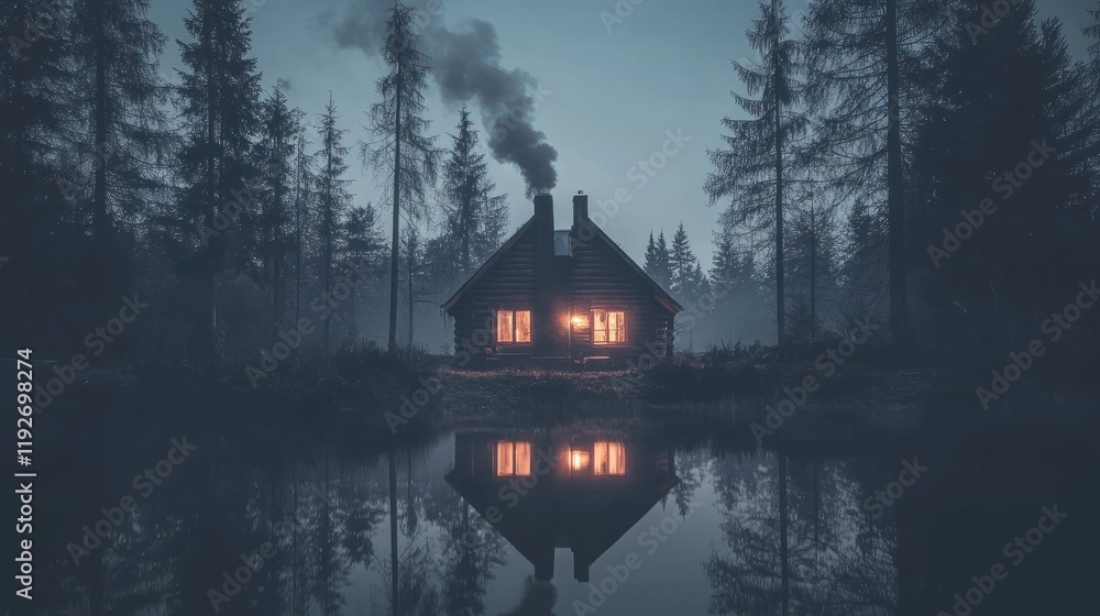 Fototapeta premium Secluded cabin reflecting in still lake at dusk, smoke rising from chimney.
