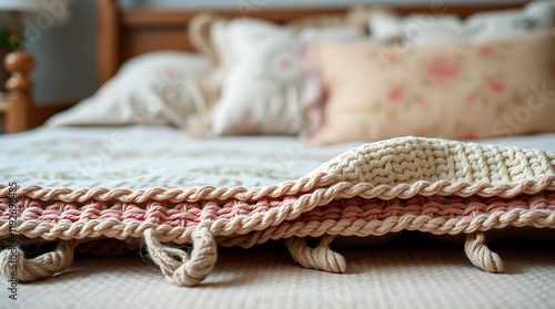 Wallpaper Mural Close-up of a handmade crocheted blanket on a bed, showcasing its intricate texture and pastel colors. Perfect for adding a cozy and elegant touch to any bedroom decor. Torontodigital.ca