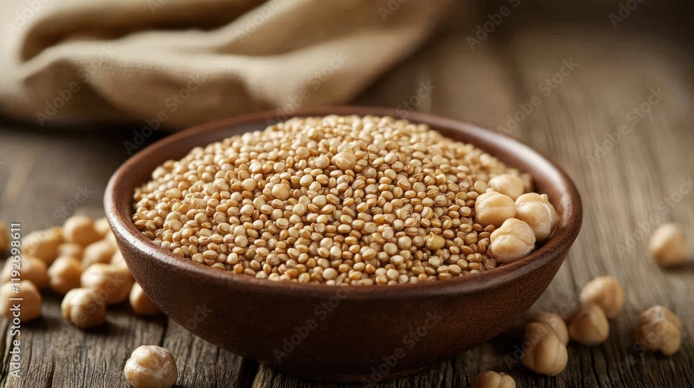 Vegan protein sources such as quinoa, chickpeas, and nuts displayed on a rustic kitchen table. Vegan protein sources such as quinoa, chickpeas, and nuts displayed on a rustic kitchen table.