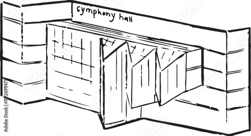Symphony Hall, Birmingham, England black and white ink sketch. Modern concert venue with sleek architectural design and renowned acoustics. Cultural landmark illustration. Tourism hand-drawn isolated