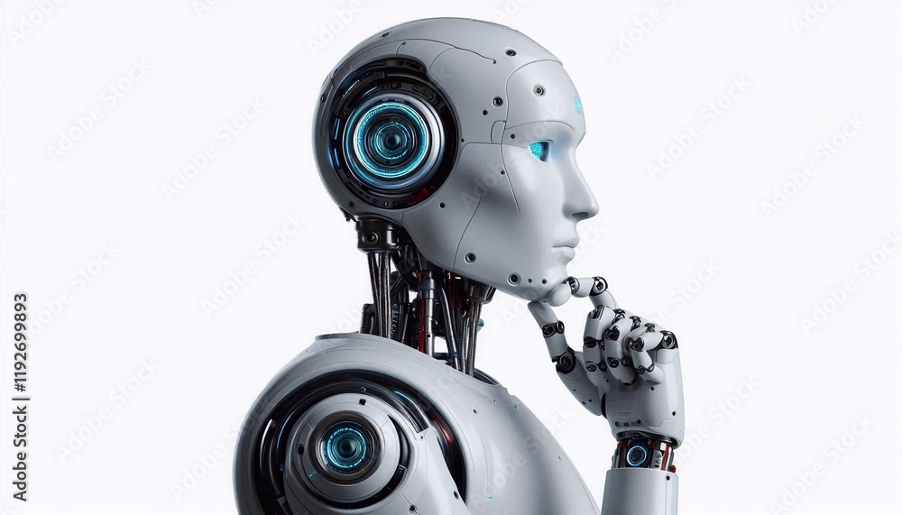Humanoid robot thinking, side view, isolated on white background Humanoid robot thinking, side view, isolated on white background