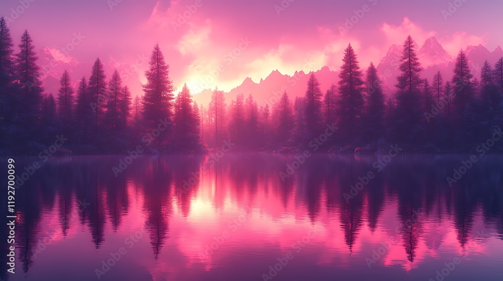 Fototapeta premium Pink Sunset Over Mountain Lake And Forest