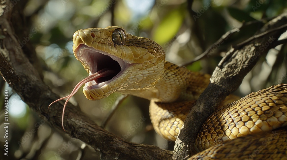 Obraz premium Close-up of a yellow snake with its mouth open, tongue out, coiled on a tree branch.