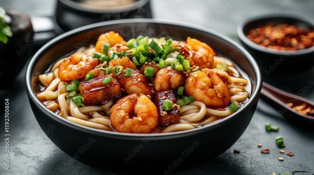 A bowl of hot udon noodles in a mild dashi soup, garnished with crispy tempura shrimp, kamaboko fish cake, and fresh green onions. A bowl of hot udon noodles in a mild dashi soup, garnished with crispy tempura shrimp, kamaboko fish cake, and fresh green onions.