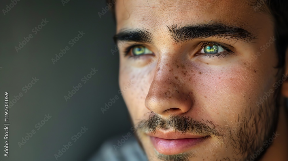 A close-up portrait of a young man with green eyes. A close-up portrait of a young man with green eyes.