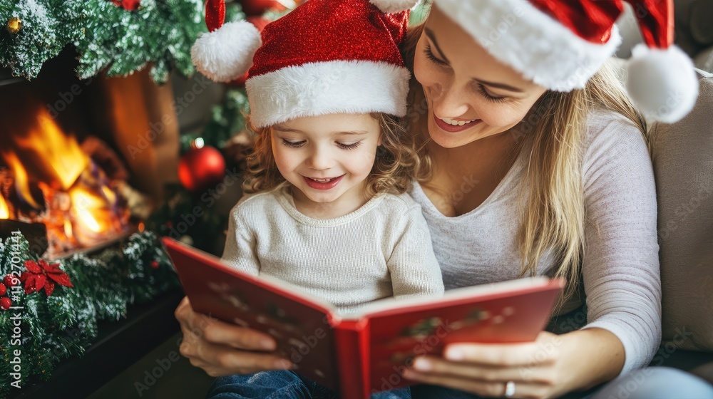 Mother reading Christmas book to daughter by fireplace