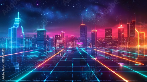 A digital illustration of a bustling city street at night, with neon signs and bright lights illuminating the scene.