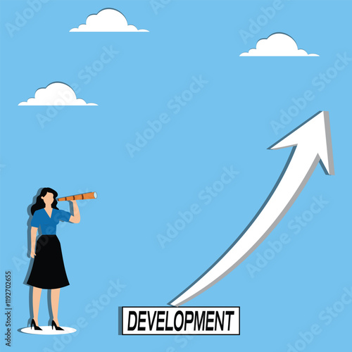 Explore the direction of career or business development, future business forecasts, businesswomen with binoculars watching the arrow of development from afar