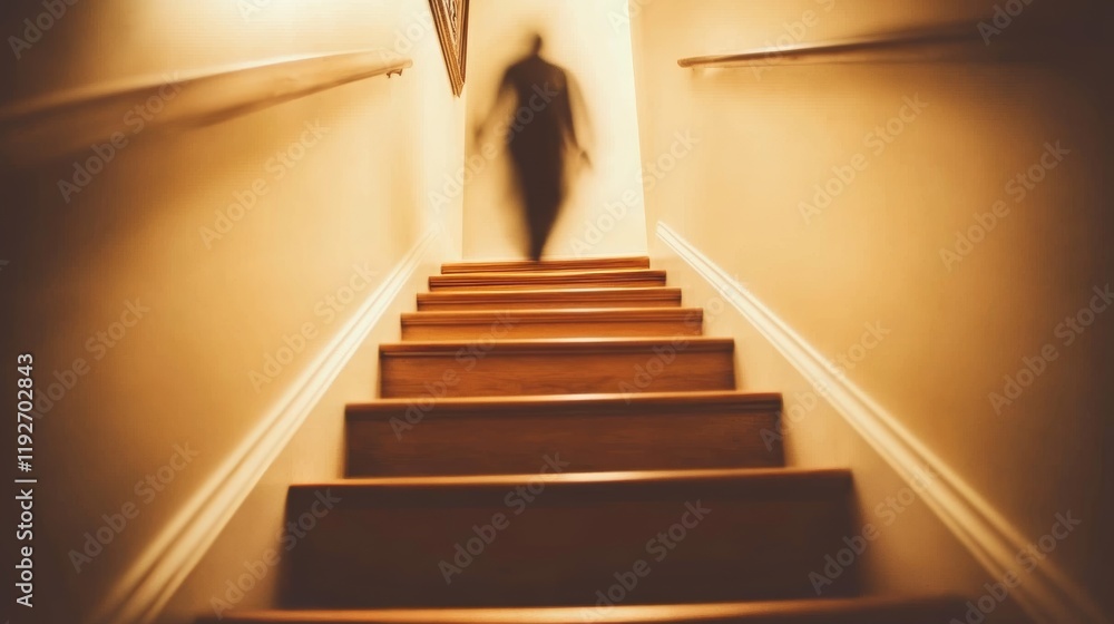 Fototapeta premium Ghostly Figure Floating on Staircase at Night in Haunted Old House, Mysterious, Eerie, Supernatural, Horror, Paranormal
