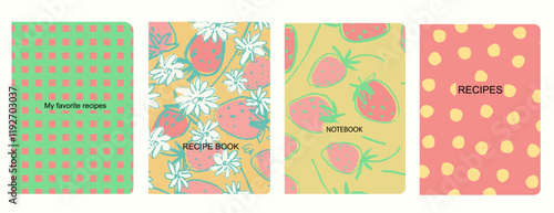 Cover page vector templates for recipes books with hand drawn strawberries. Cookery books cover layout. Based on seamless patterns. Headers isolated and replaceable