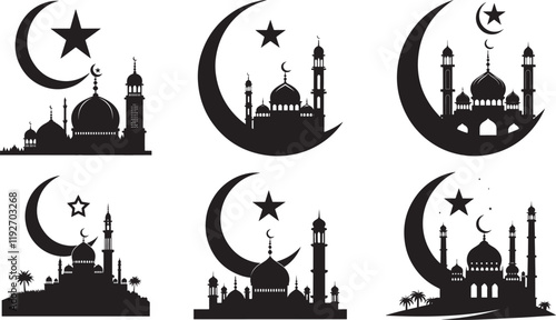 Islamic Mosques Silhouettes with Crescent Moons and Stars