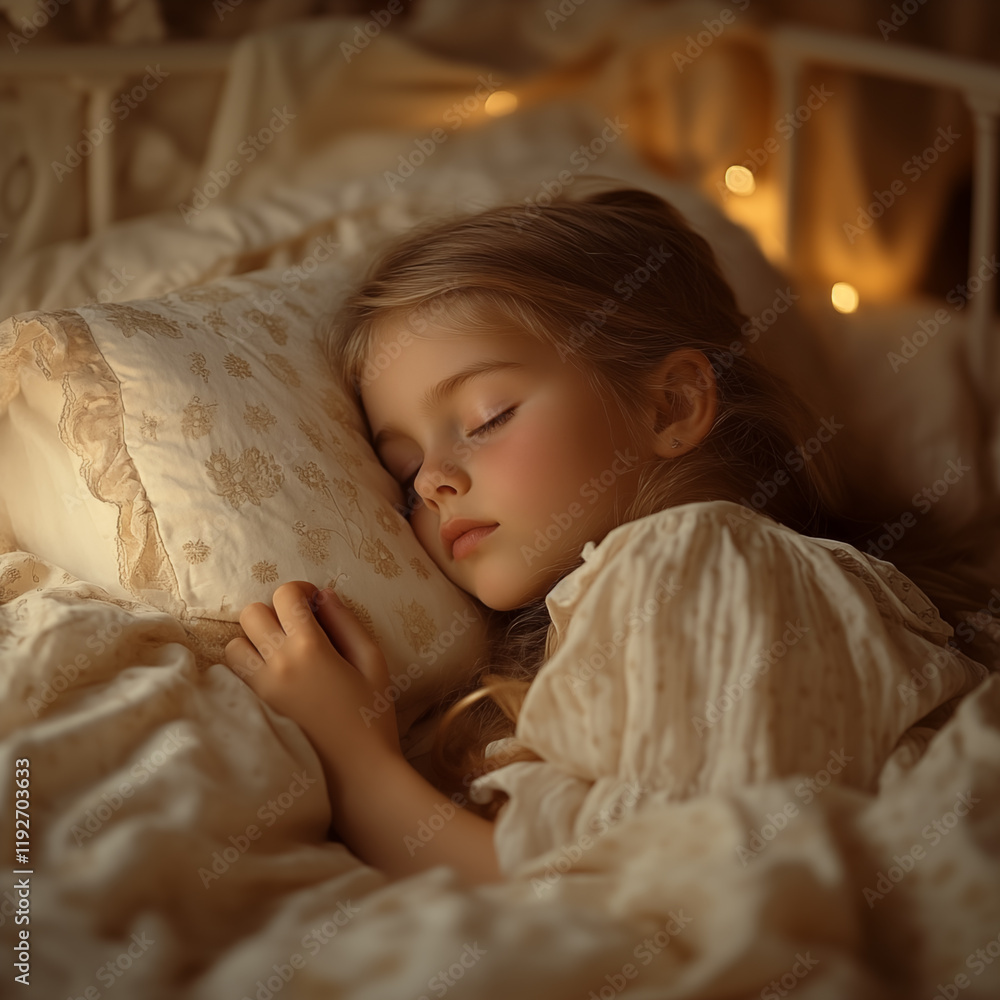 Obraz premium Cute little girl sleeping in a cozy bed at home