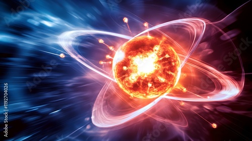 Foto A close-up view of atomic isotopes undergoing fission, with subatomic particles