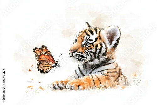 Curious tiger cub gazing at a delicate butterfly in a serene natural setting. Generative AI
