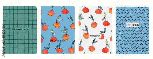 Cover page vector templates for recipe books based on seamless patterns with hand drawn apples, pears, plums. Cookery books cover layout. Healthy fruit, vegan food concept