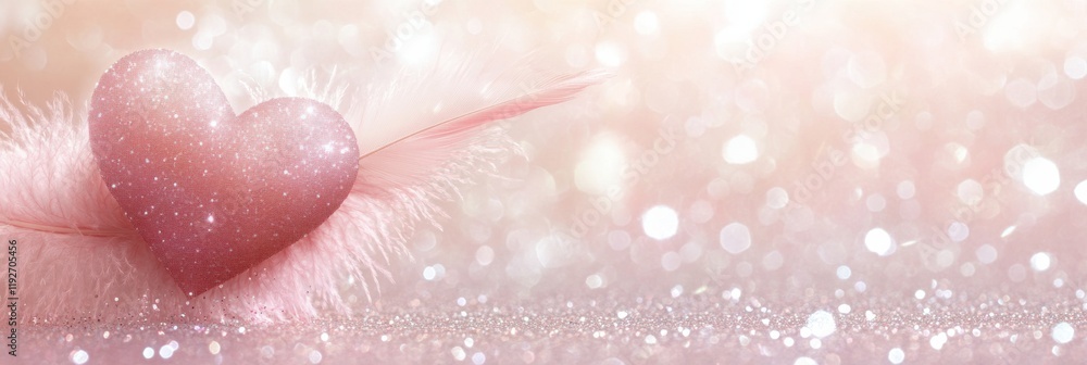 Fototapeta premium Glittering pink heart with feather on sparkling background for romantic theme